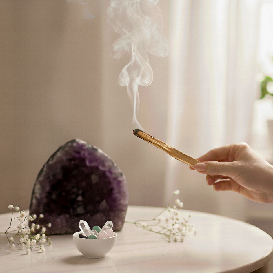 Person holding a smoking palo santo stick near an amethyst crystal on a table.