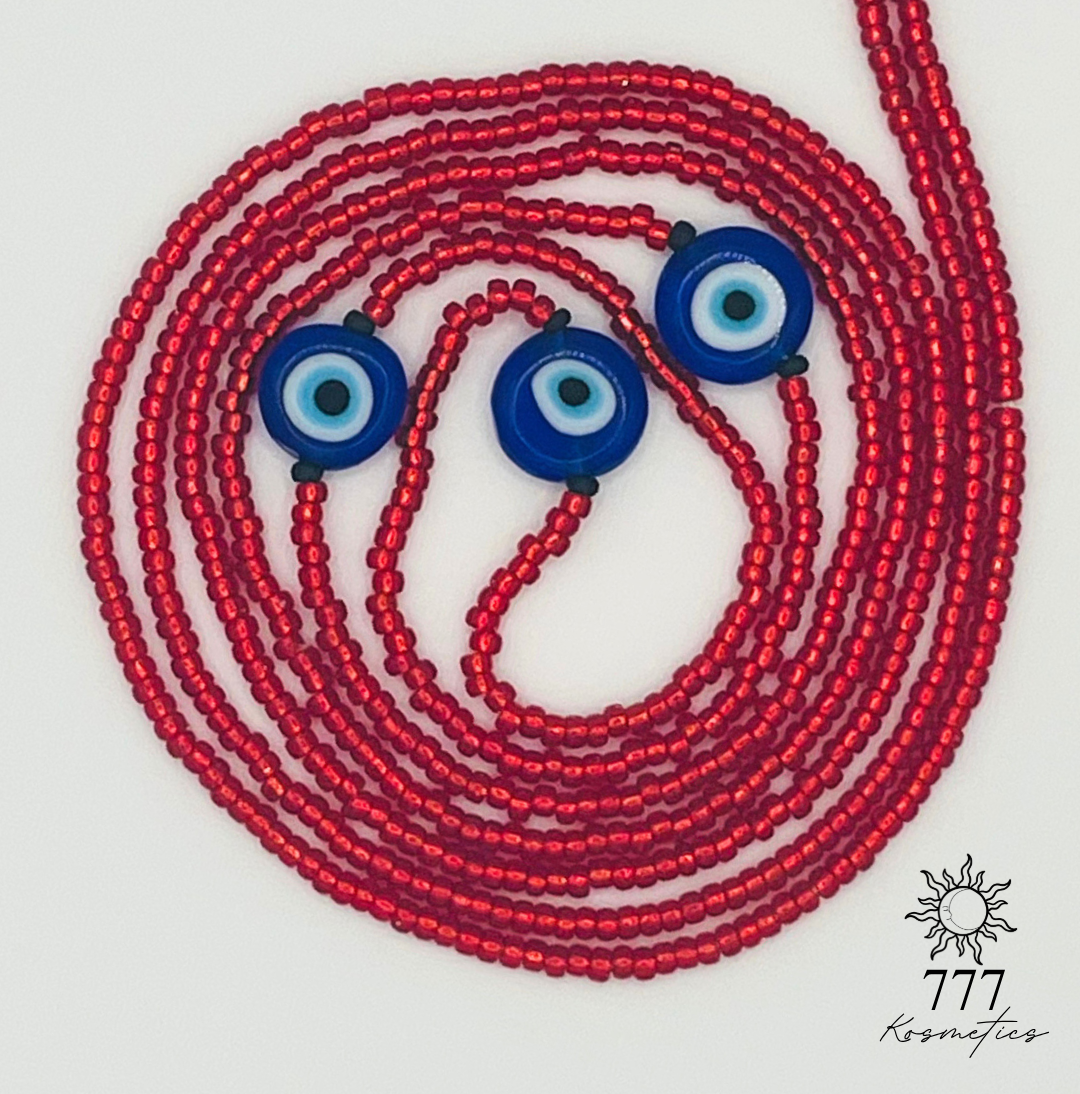 Waist Beads composed of red seed beads, accented with matte black beads and three blue Nazar (Evil eye)