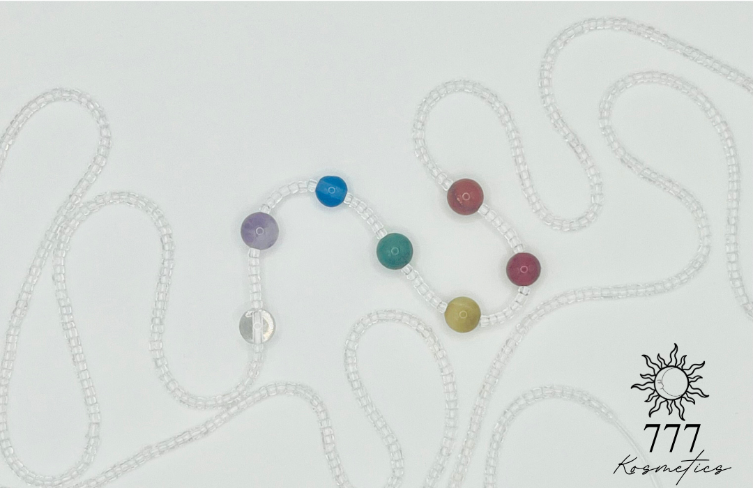 Waist beads with clear seed beads. Includes genuine red jasper, carnelian, honey tiger eye, green aventurine, blue agate, banded amethyst, and clear quartz gemstones. 