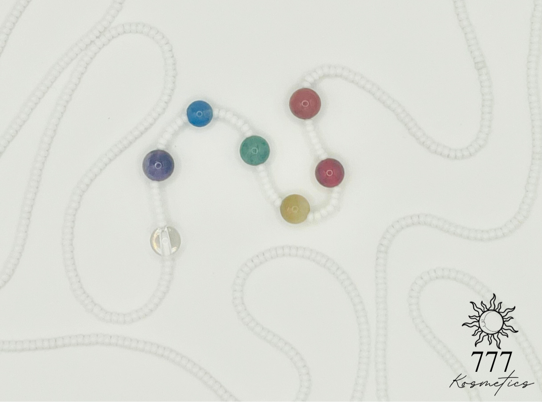 Waist beads with matte black seed beads. Includes genuine red jasper, carnelian, honey tiger eye, green aventurine, blue agate, banded amethyst, and clear quartz gemstones. 