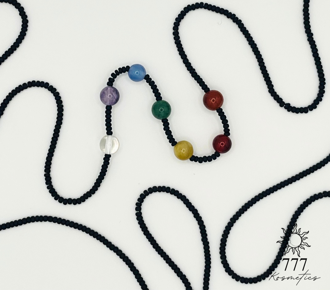 Waist beads with matte black seed beads. Includes genuine red jasper, carnelian, honey tiger eye, green aventurine, blue agate, banded amethyst, and clear quartz gemstones. 
