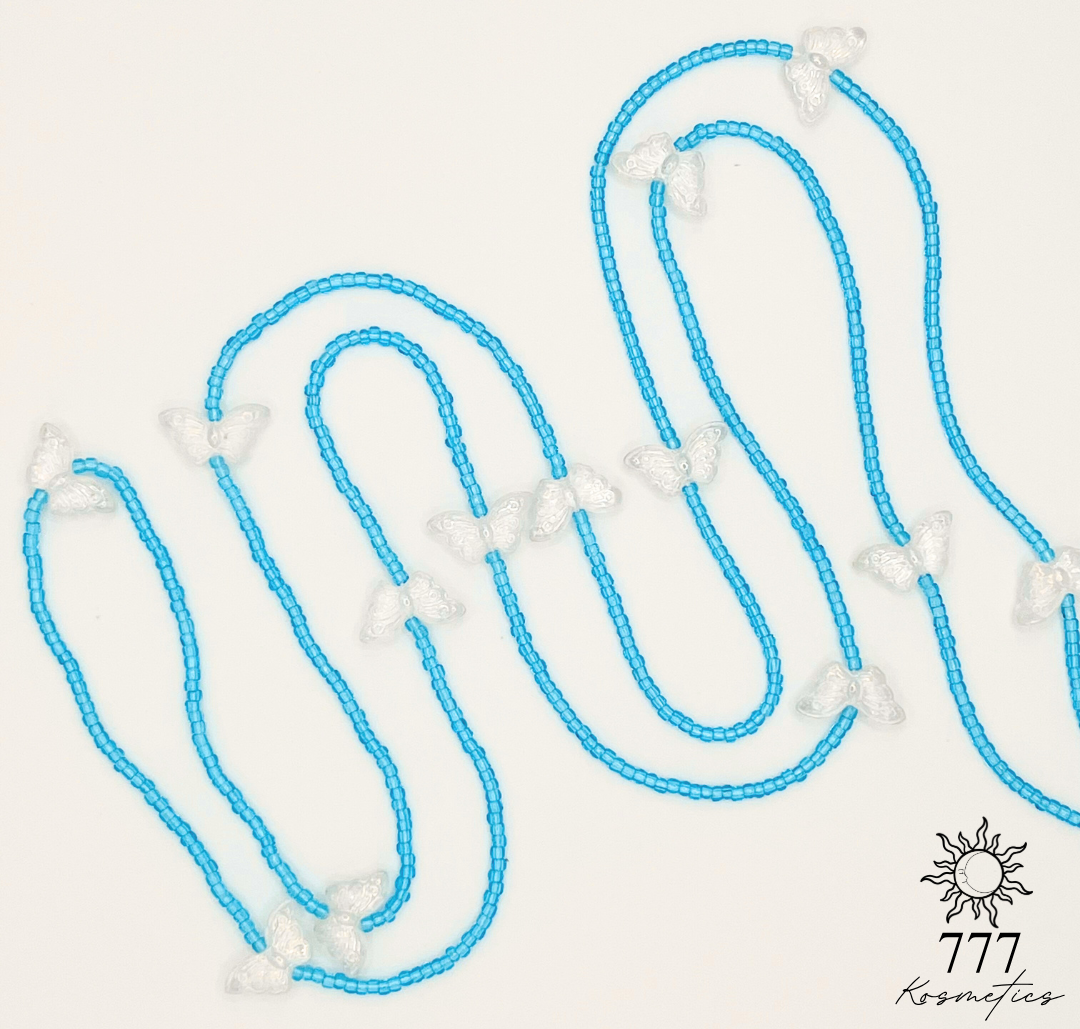 Waist beads with light blue seed beads accented with clear butterflies